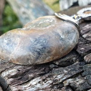ammonite fossilisée ou opalisée montée en pendentif avec un oeil de tigre
