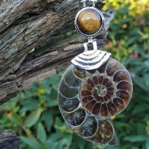 ammonite fossilisée ou opalisée montée en pendentif avec un oeil de tigre