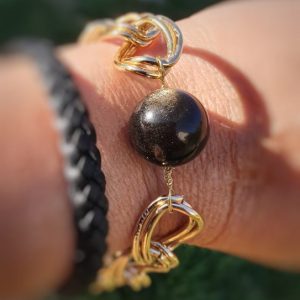 bracelet obsidienne dorée, chaine double maillons dorés