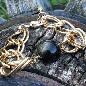 bracelet obsidienne dorée, chaine double maillons dorés