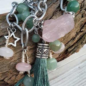 Bracelet aventurine verte et quartz rose, avec tassel sur acier inoxydable
