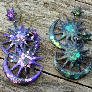 Boucles d'oreilles glitter, forme céleste avec lune et étoile