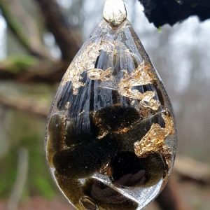 Pendentif obsidienne dorée et feuille d'or, bélière plaqué or