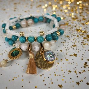 Ensemble de 3 bracelets amazonite, hiddénite et cristal de roche - Douce lucidité du coeur